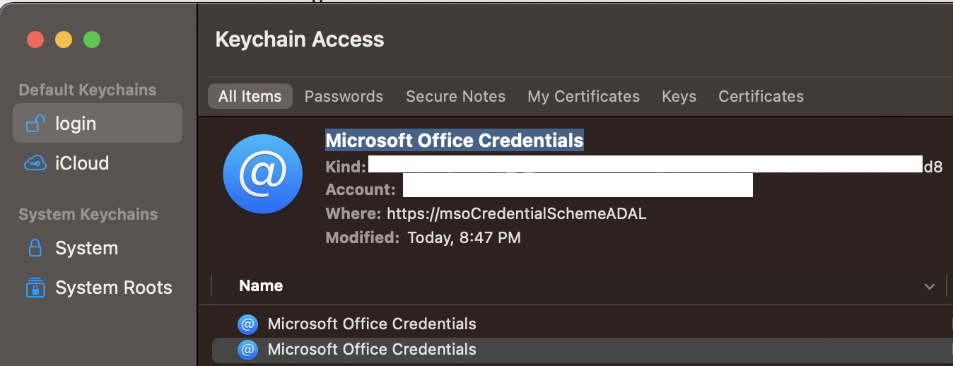 Microsoft Office Credentials Keychain Account